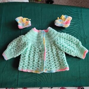 Handmade Crochet Baby Girl Sweater With Matching Booties